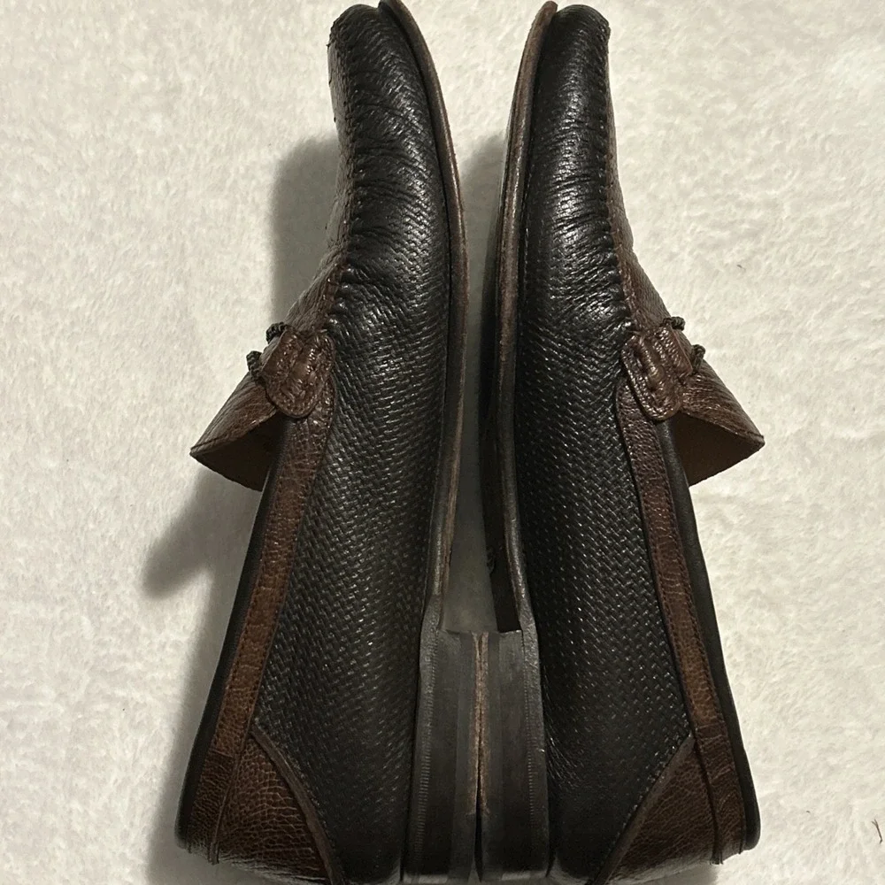 Mezlan Vesta Ostrich Leg and Woven Calfskin Moc Toe Bit Strap Loafers Brown 10.5